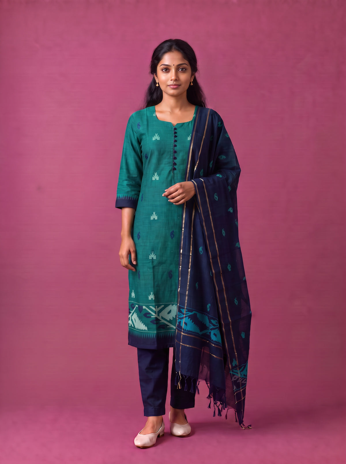 Women’s Handloom Printed Cotton Suit Set in Teal Green & Navy Blue Double Weave Colour with Potli Balls | Ready to Wear