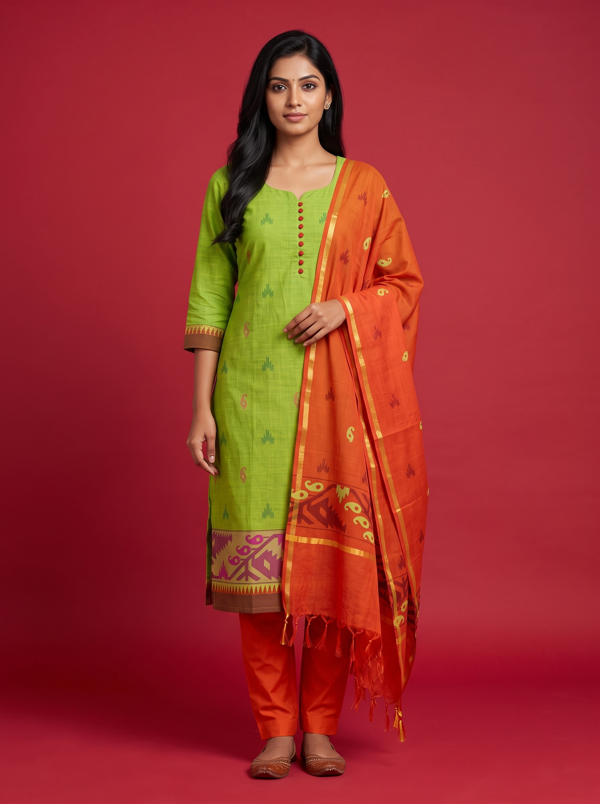Women’s Handloom Cotton Suit Set in Parrot Green with Orange Dupatta | Printed | Ready to Wear