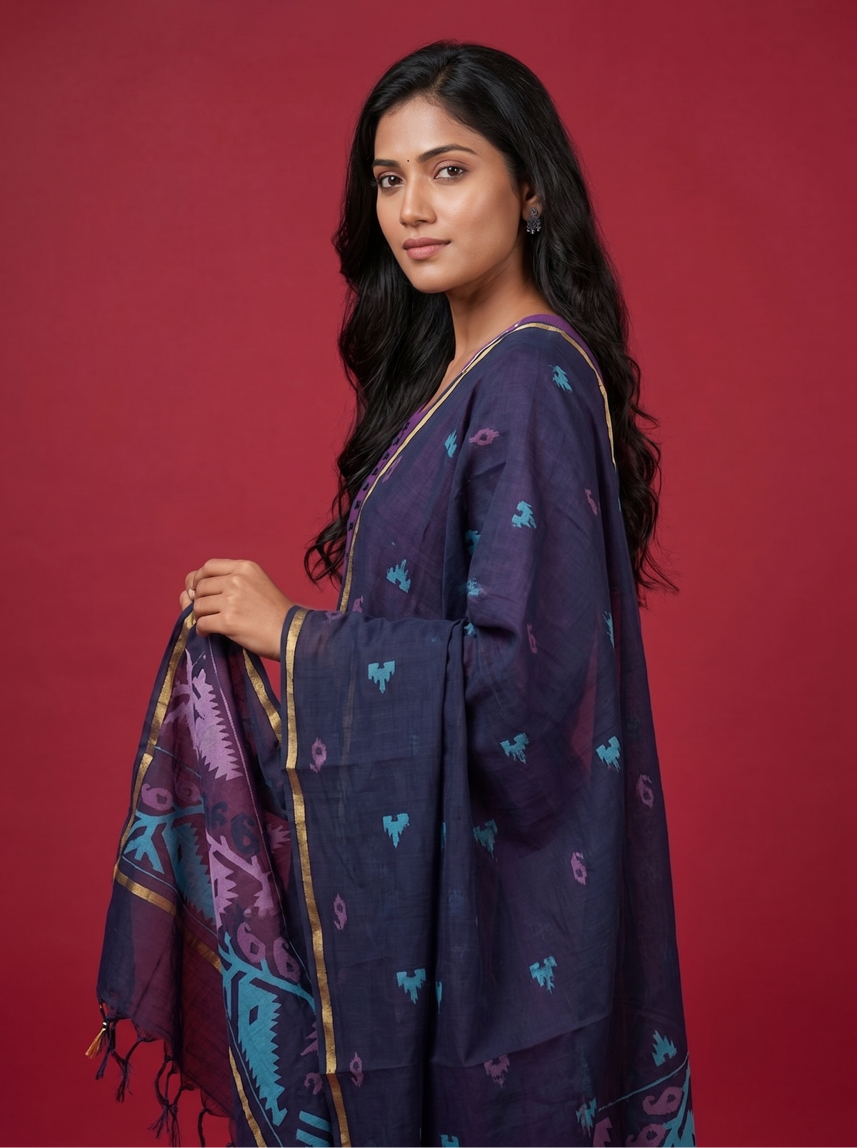 Women’s Handloom Cotton Suit Set in Purple with Navy Dupatta | Printed | Ready to Wear