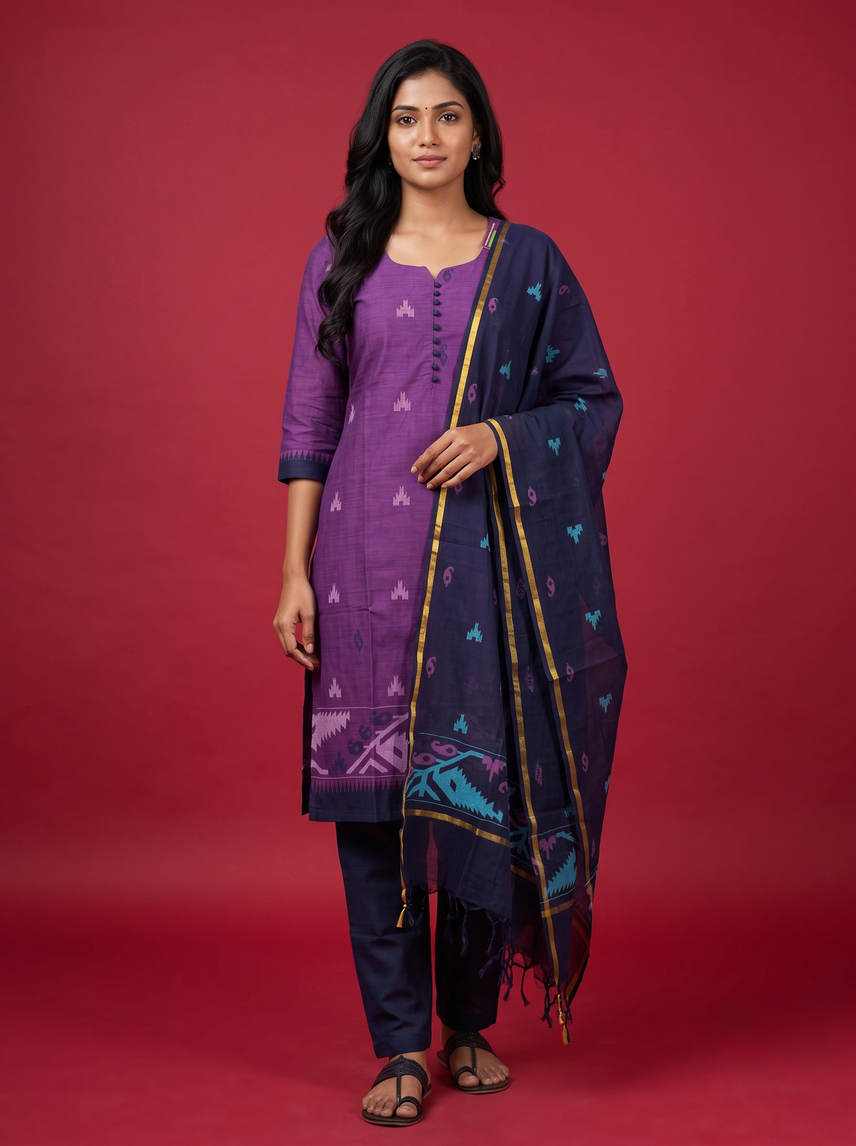 Women’s Handloom Cotton Suit Set in Purple with Navy Dupatta | Printed | Ready to Wear
