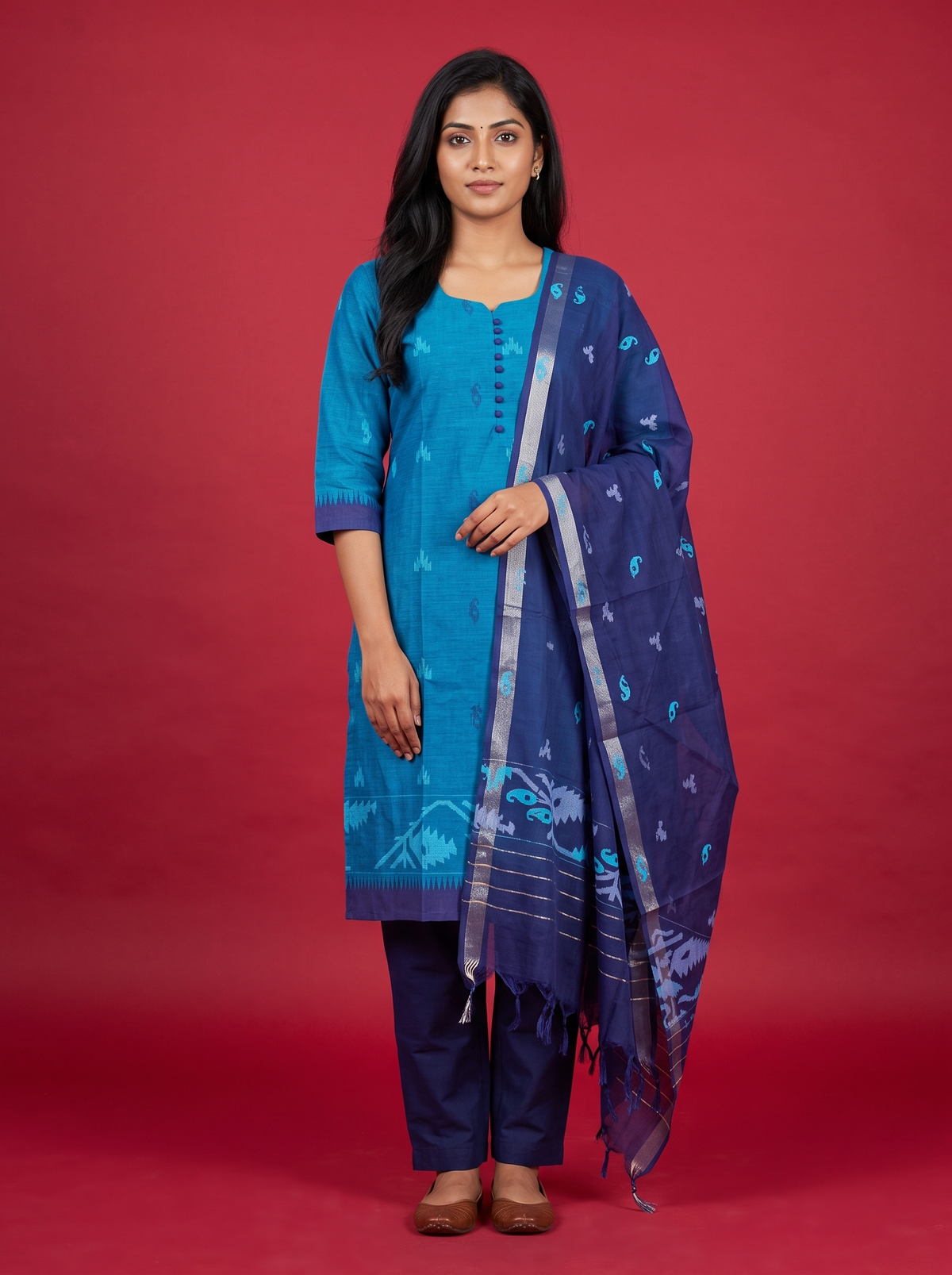 Women’s Handloom Cotton Suit Set in Sea Blue with Navy Dupatta | Printed | Ready to Wear