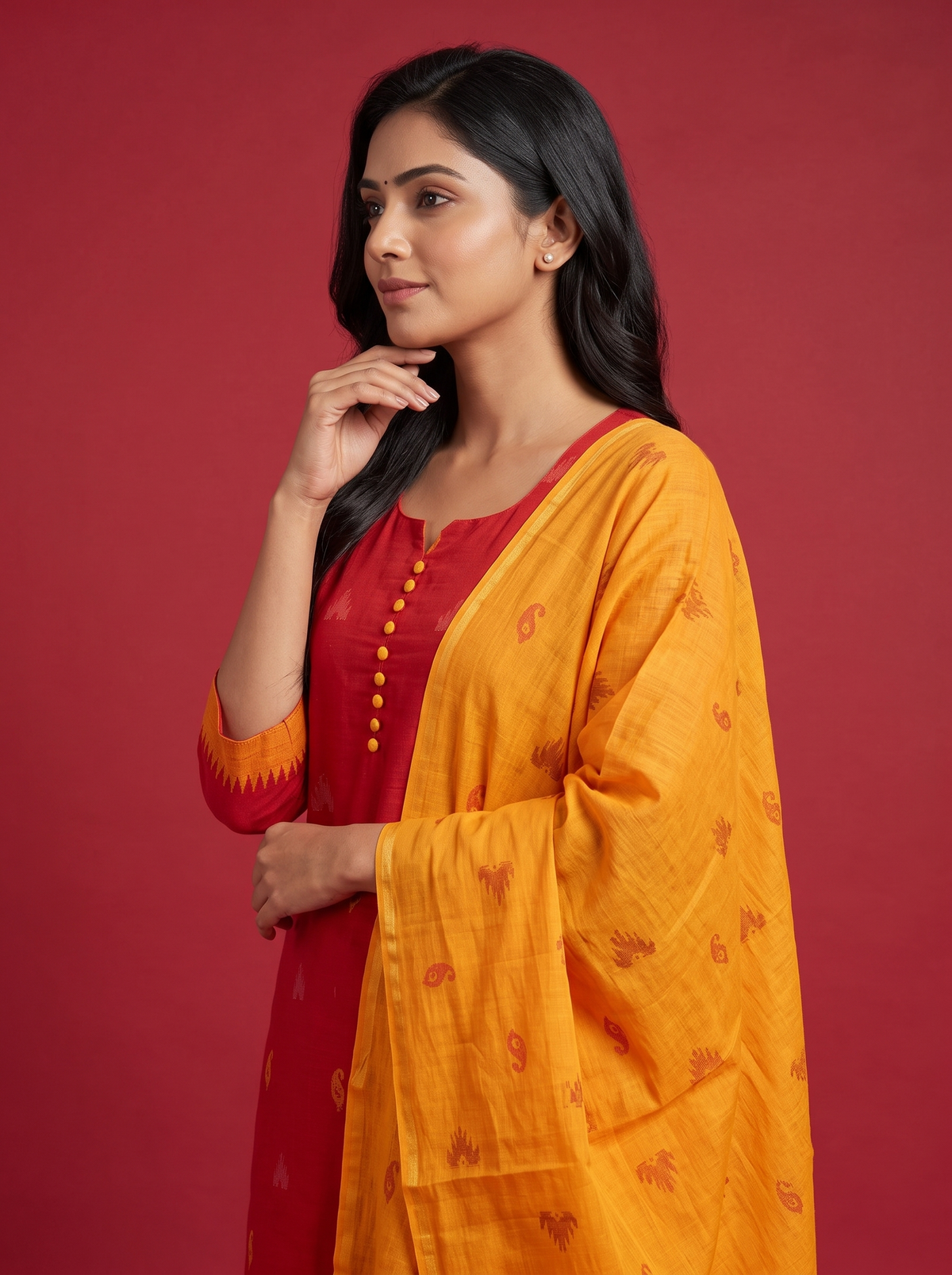 Women’s Handloom Cotton Suit Set in Red with Mustard Yellow Dupatta | Printed | Ready to Wear