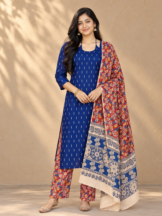 Royal Blue Raw Silk 3PC Set · Red & Blue Kalamkari Dupatta