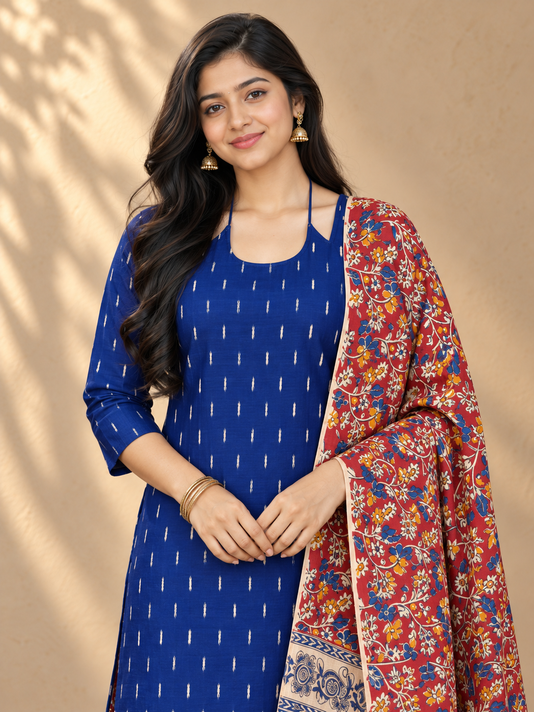 Raw Silk 3PC Kurti Set with Dori Style Neck Design, Kalamkari Bottom & Dupatta