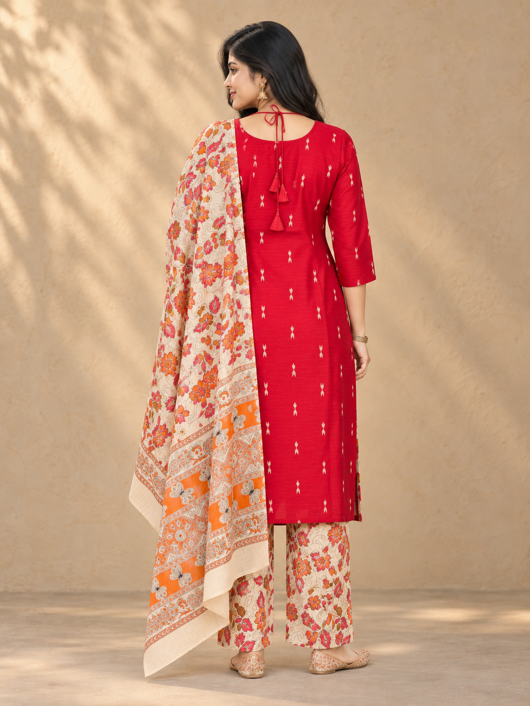 Raw Silk 3PC Kurti Set with Dori Style Neck Design, Kalamkari Bottom & Dupatta
