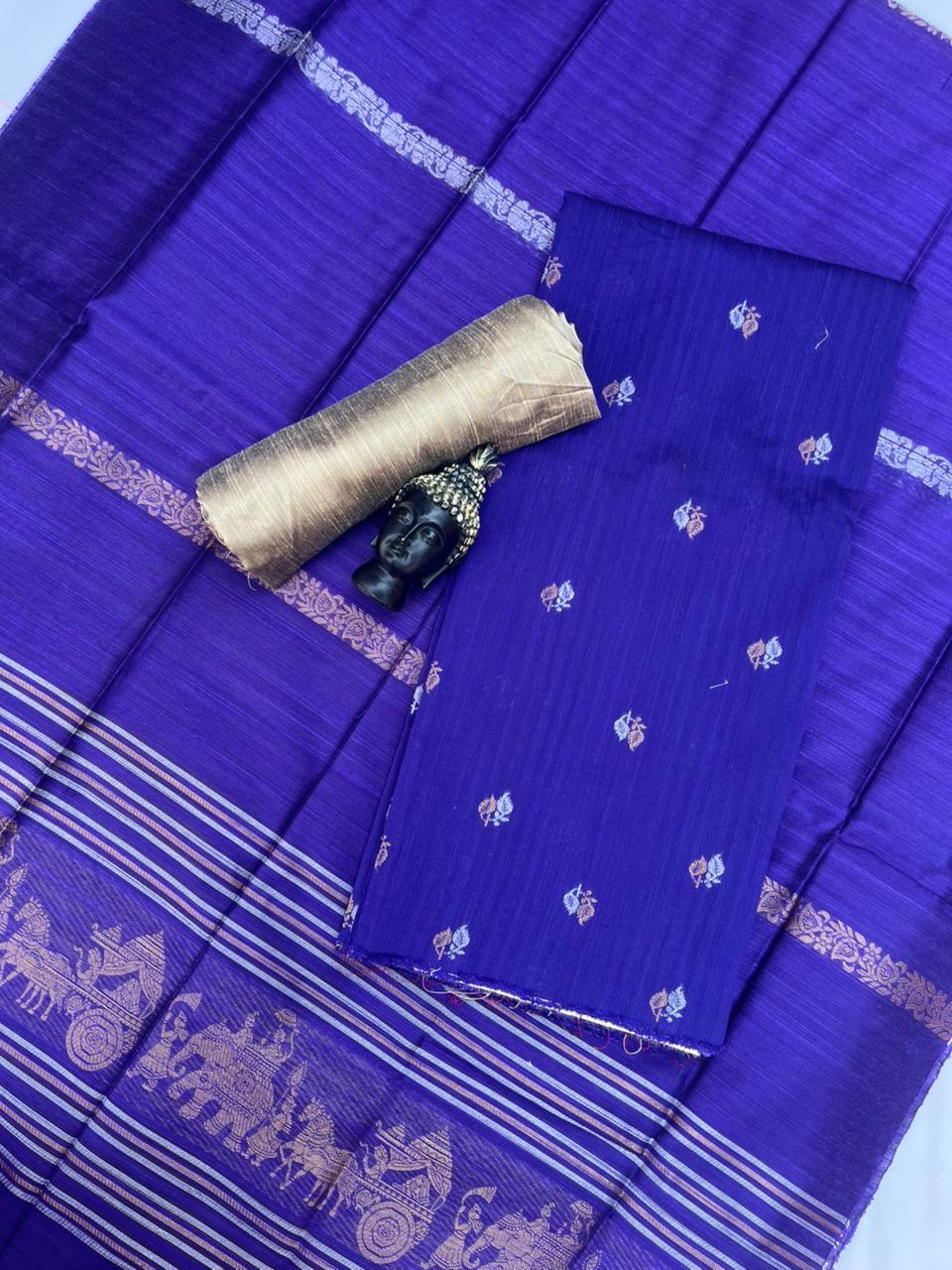 Premium Blue Raw Silk 3PC Unstitched Dress Material for Women
