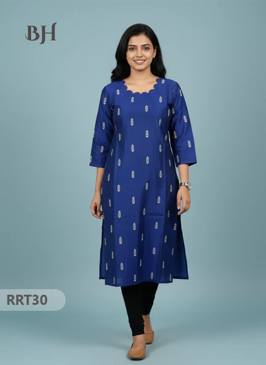 Designer Raw Silk Straight Cut Top in Blue | Cut Work Neck | Full-Length Lining