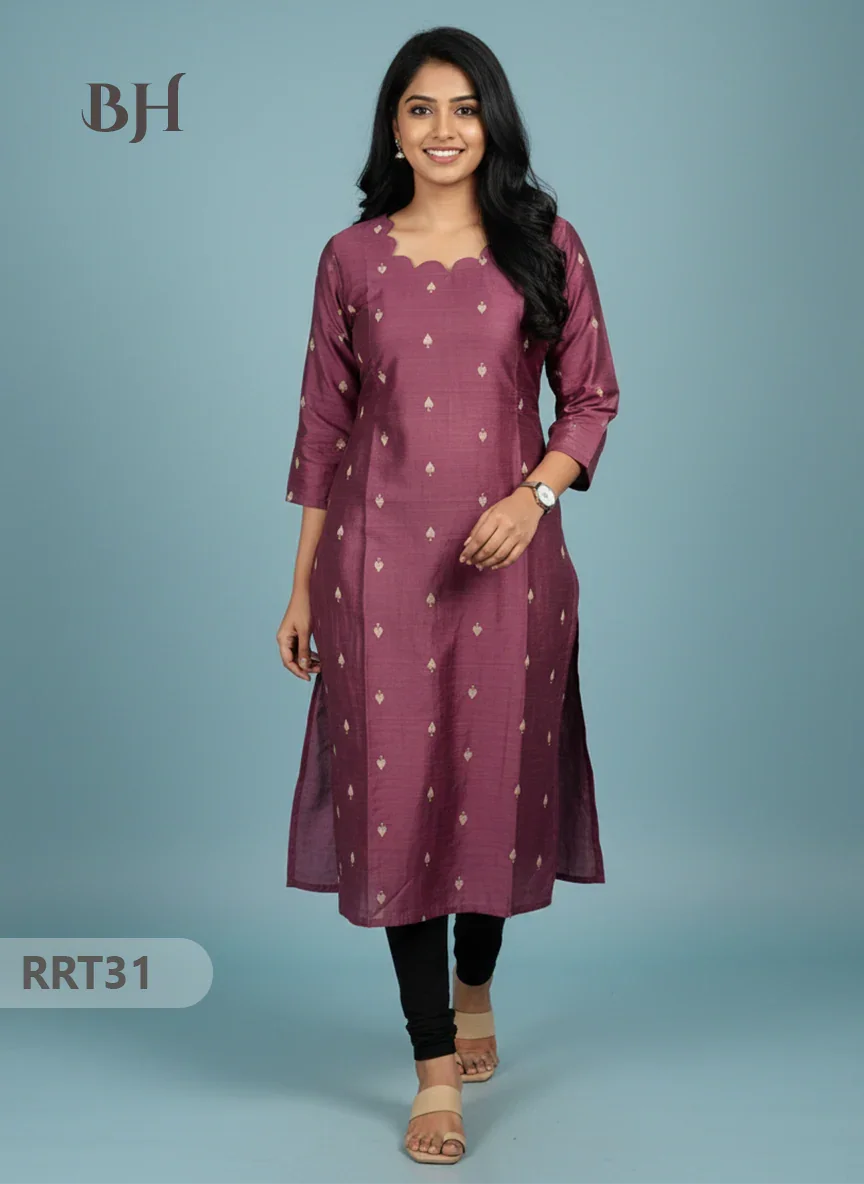 Designer Raw Silk Straight Cut Top in Onion Pink| Cut Work Neck | Full-Length Lining