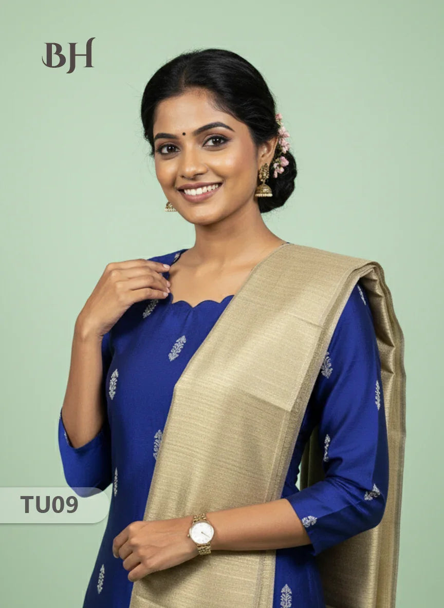 Raw Silk 3-Piece Kurti Set with Cut Work Neck Design in Blue Colour | Full-Length Lined Kurti with Gold Dupatta
