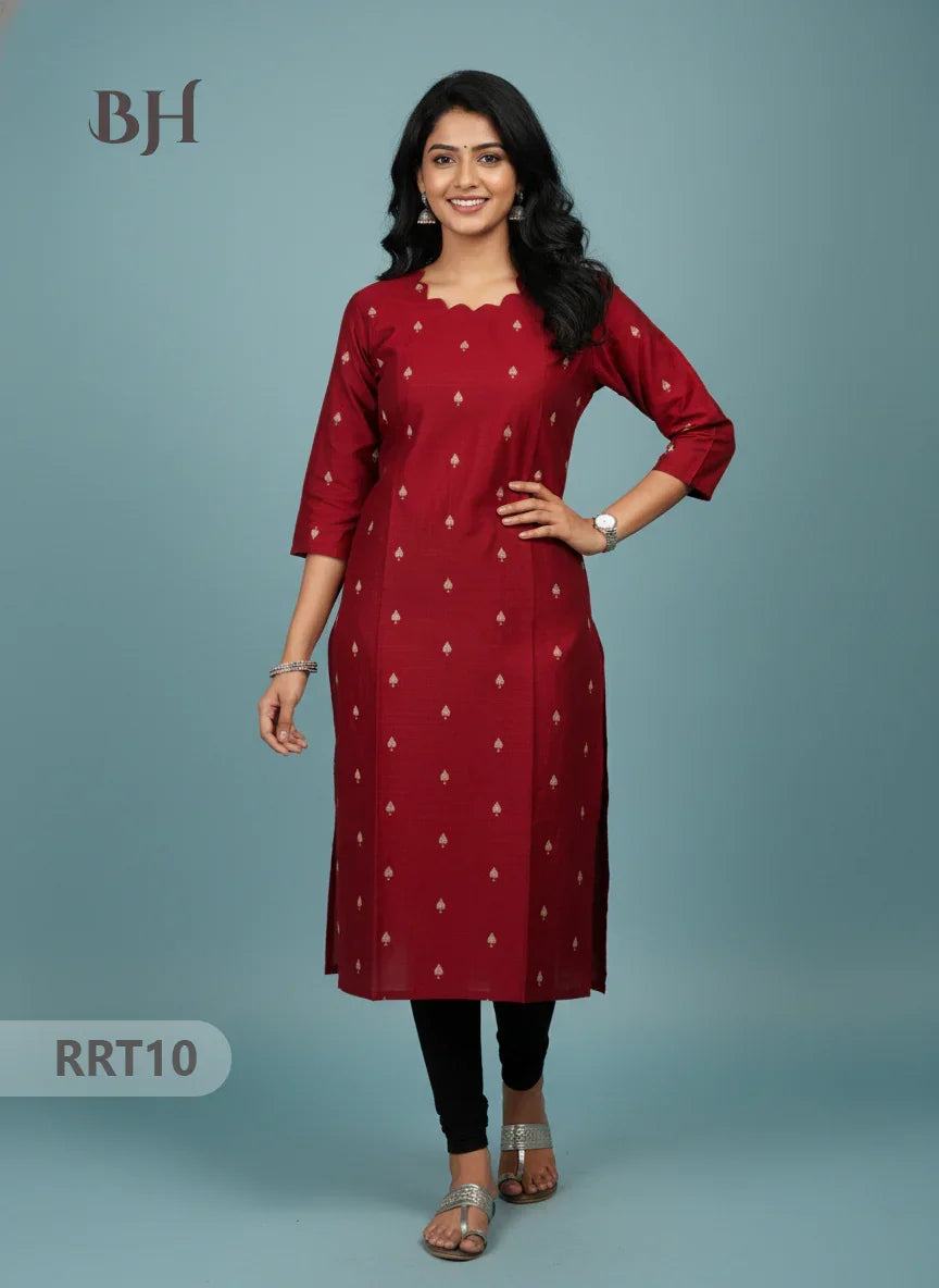 Designer Raw Silk Straight Cut Top in Old Brick | Cut Work Neck | Full-Length Lining
