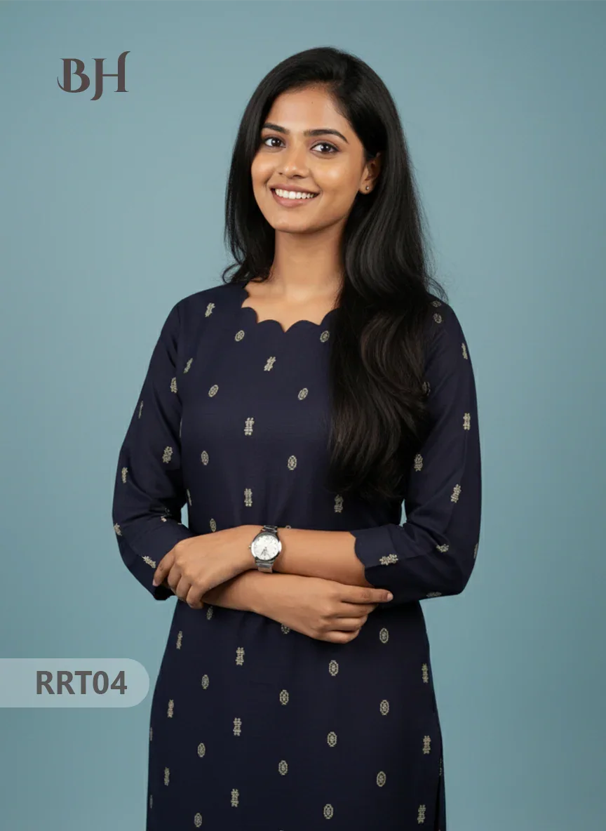 Designer Raw Silk Straight Cut Top in Navy Blue | Cut Work Neck | Full-Length Lining