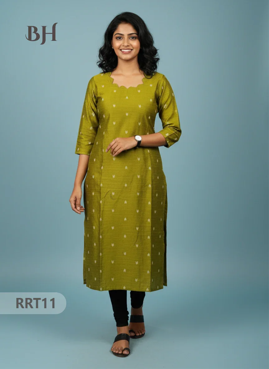 Designer Raw Silk Straight Cut Top in Green | Cut Work Neck | Full-Length Lining