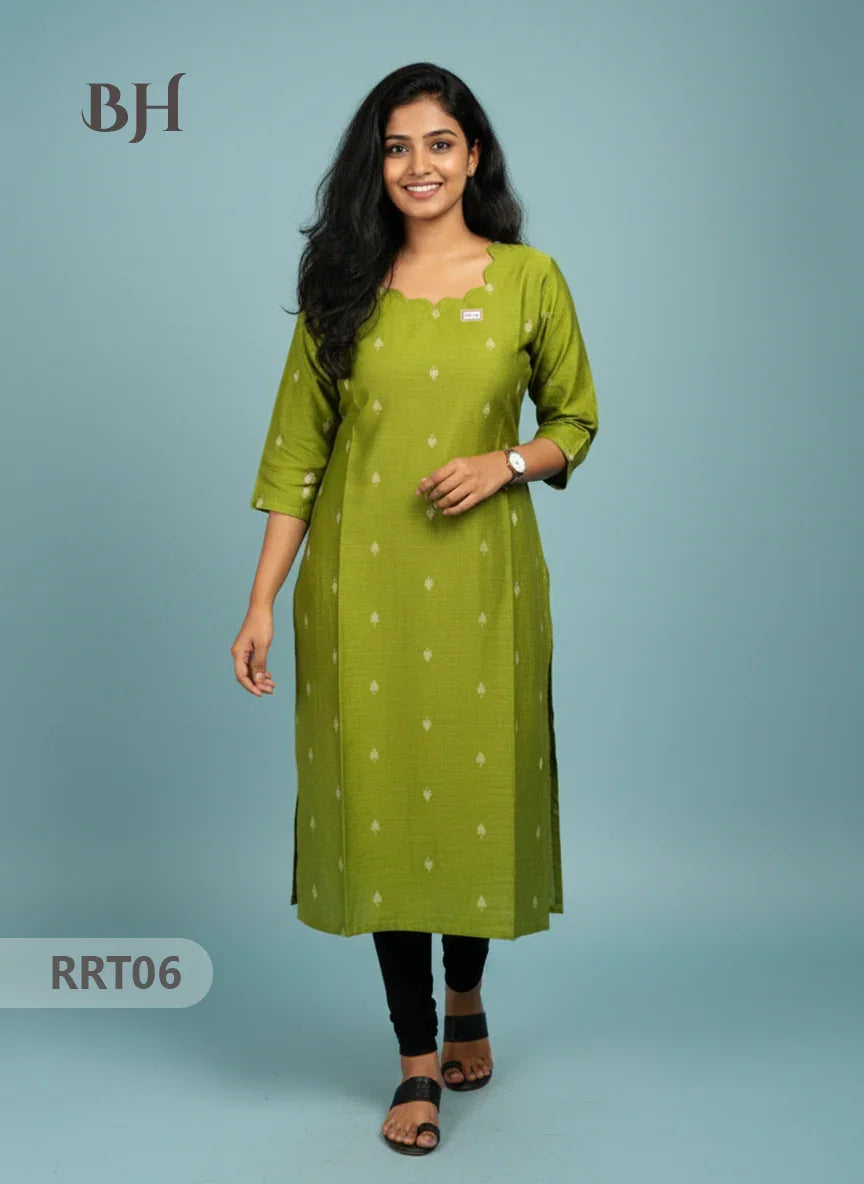 Designer Raw Silk Straight Cut Top in Green | Cut Work Neck | Full-Length Lining