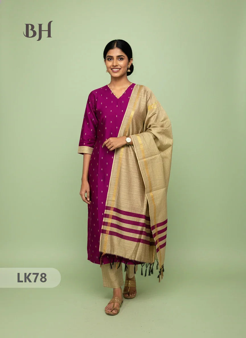 Raw Silk 3pc KurtiSet With Pink Colour Full Length Lining | Gold Dupatta