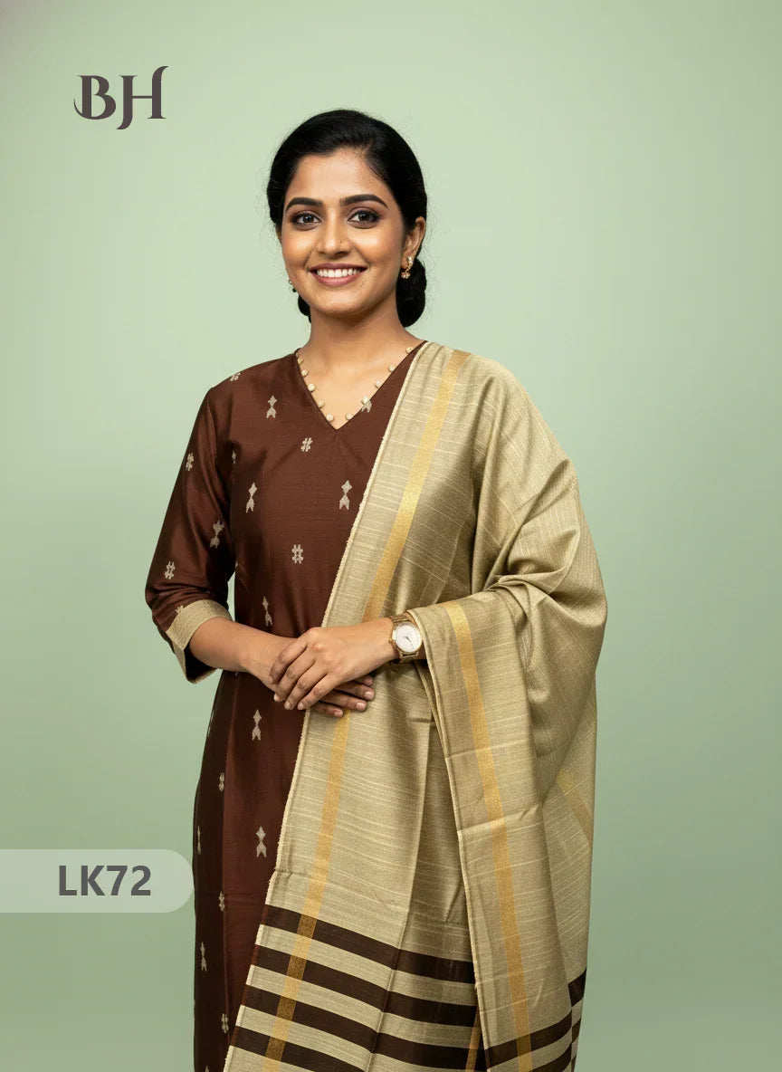 Raw Silk 3pc KurtiSet With Chocolate Brown Colour Full Length Lining | Gold Dupatta
