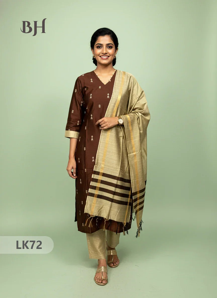 Raw Silk 3pc KurtiSet With Chocolate Brown Colour Full Length Lining | Gold Dupatta