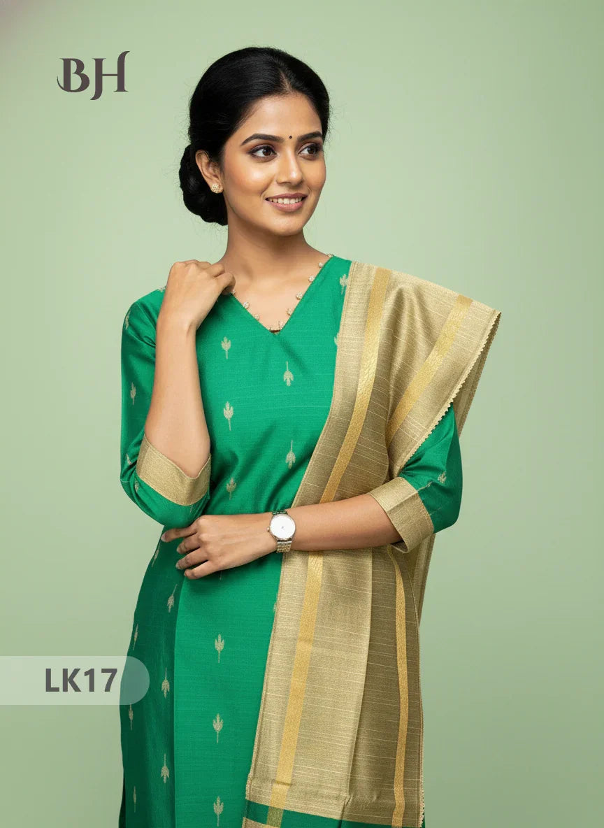 Raw Silk 3pc KurtiSet With Green Colour Full Length Lining | Gold Dupatta