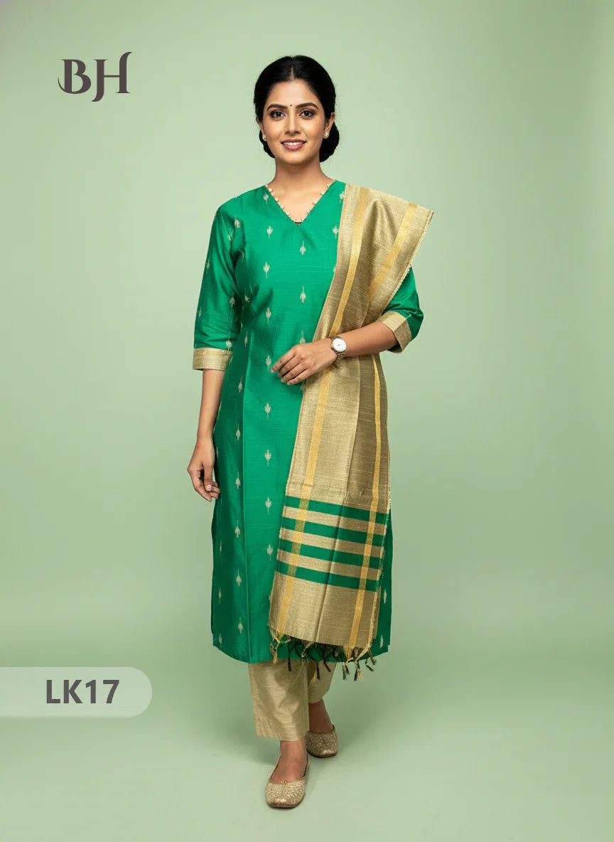 Raw Silk 3pc KurtiSet With Green Colour Full Length Lining | Gold Dupatta