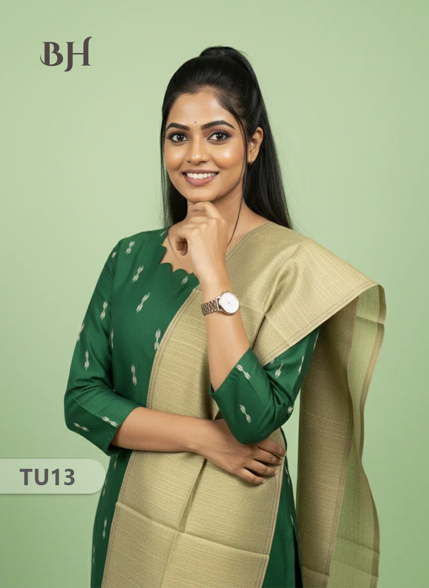 Raw Silk 3-Piece Kurti Set with Cut Work Neck Design in Green Colour | Full-Length Lined Kurti with Gold Dupatta