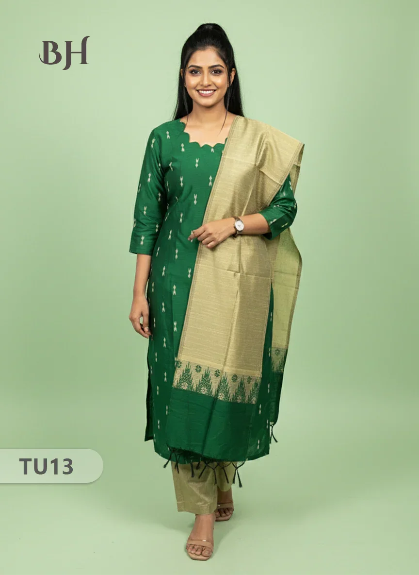 Raw Silk 3-Piece Kurti Set with Cut Work Neck Design in Green Colour | Full-Length Lined Kurti with Gold Dupatta