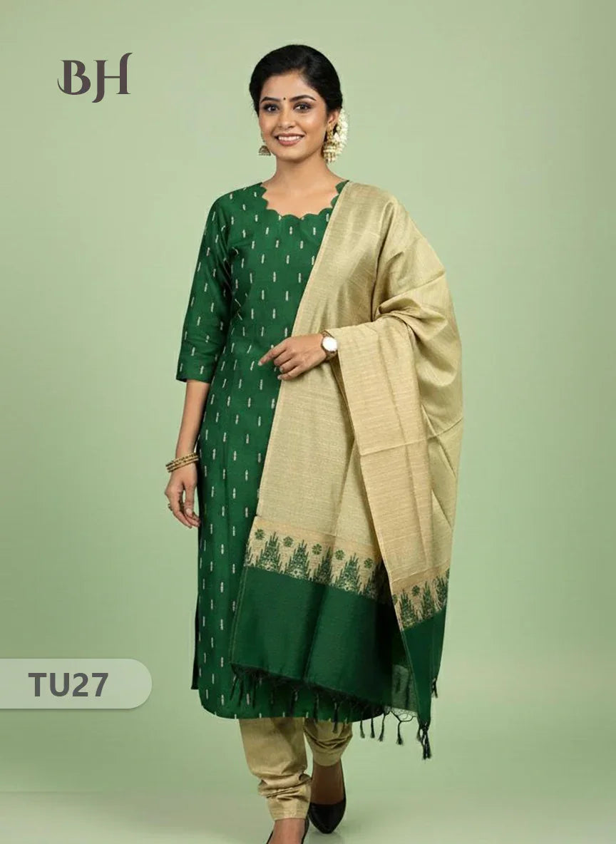 Raw Silk 3-Piece Kurti Set with Cut Work Neck Design in Green Colour | Full-Length Lined Kurti with Gold Dupatta