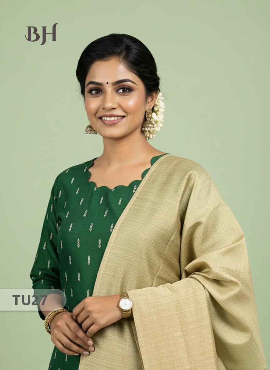 Raw Silk 3-Piece Kurti Set with Cut Work Neck Design in Green Colour | Full-Length Lined Kurti with Gold Dupatta