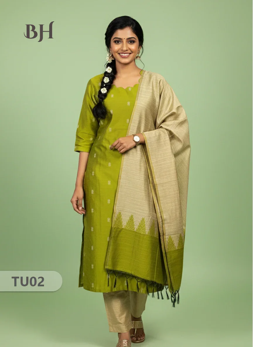 Raw Silk 3-Piece Kurti Set with Cut Work Neck Design in Light Green Colour | Full-Length Lined Kurti with Gold Dupatta