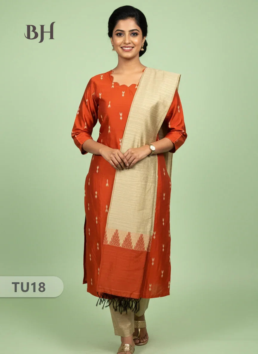 Raw Silk 3-Piece Kurti Set with Cut Work Neck Design in Brick Colour | Full-Length Lined Kurti with Gold Dupatta