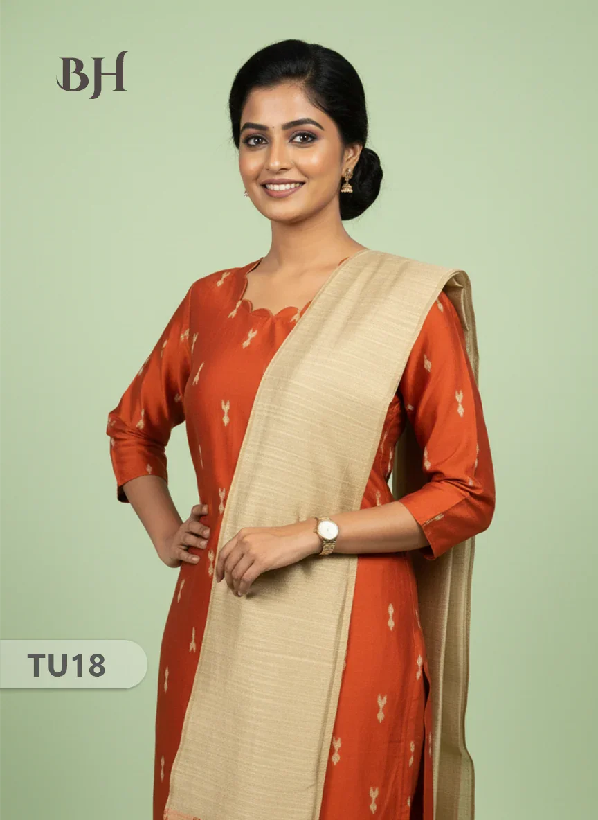 Raw Silk 3-Piece Kurti Set with Cut Work Neck Design in Brick Colour | Full-Length Lined Kurti with Gold Dupatta