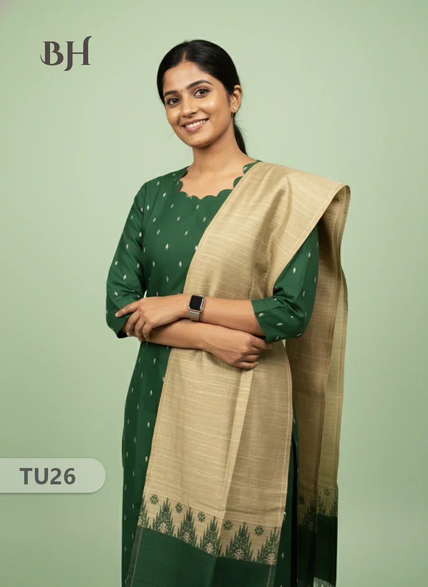 Raw Silk 3-Piece Kurti Set with Cut Work Neck Design in Green Colour | Full-Length Lined Kurti with Gold Dupatta