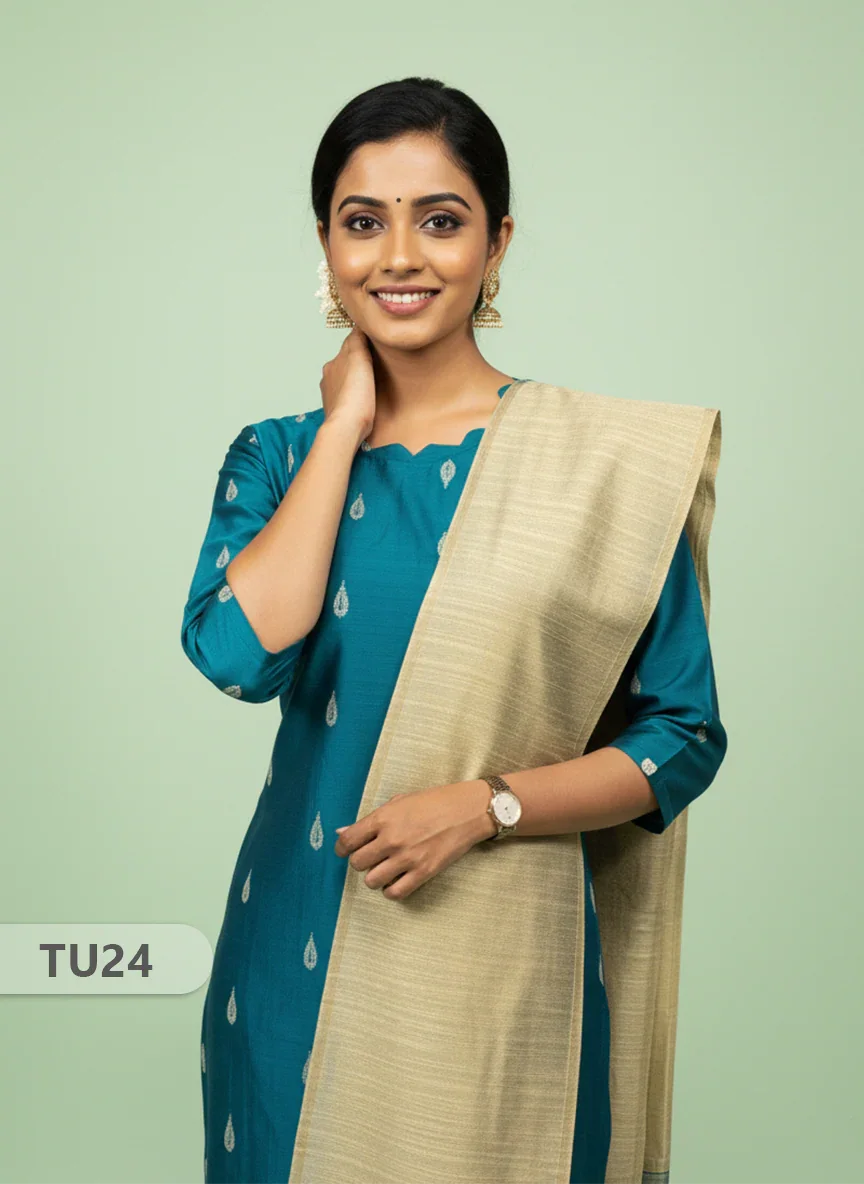 Raw Silk 3-Piece Kurti Set with Cut Work Neck Design in Sea Blue Colour | Full-Length Lined Kurti with Gold Dupatta