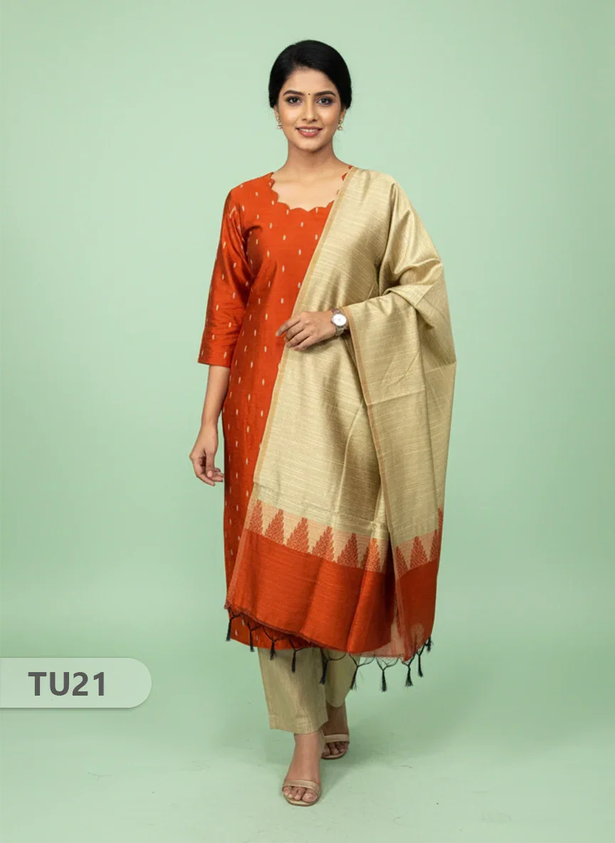 Raw Silk 3-Piece Kurti Set with Cut Work Neck Design in Brick Colour | Full-Length Lined Kurti with Gold Dupatta
