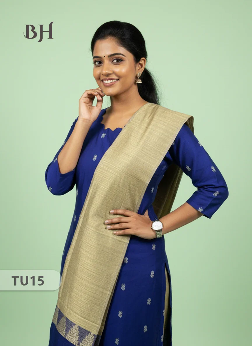 Raw Silk 3-Piece Kurti Set with Cut Work Neck Design in Blue Colour | Full-Length Lined Kurti with Gold Dupatta