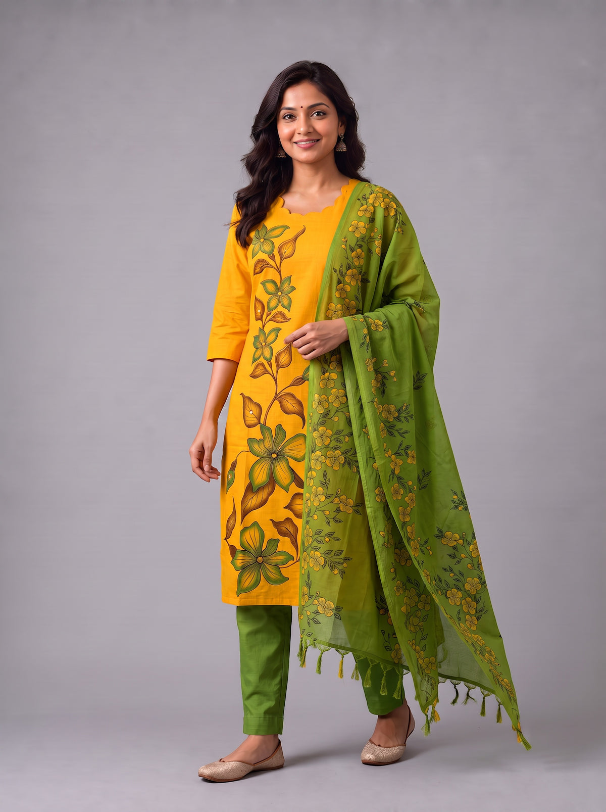 Premium Floral Design Mustard Yellow Cotton 3PC Kurti Set with Mirror Finishing | Knots Bottom, Olive Green Printed Dupatta | Ready to Wear