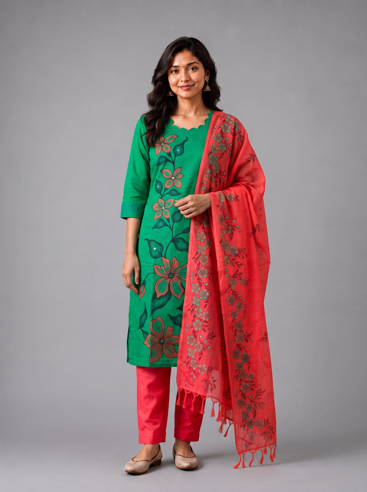 Premium Floral Design Emerald Green Cotton 3PC Kurti Set with Mirror Finishing | Knots Bottom, Coral Pink Printed Dupatta | Ready to Wear