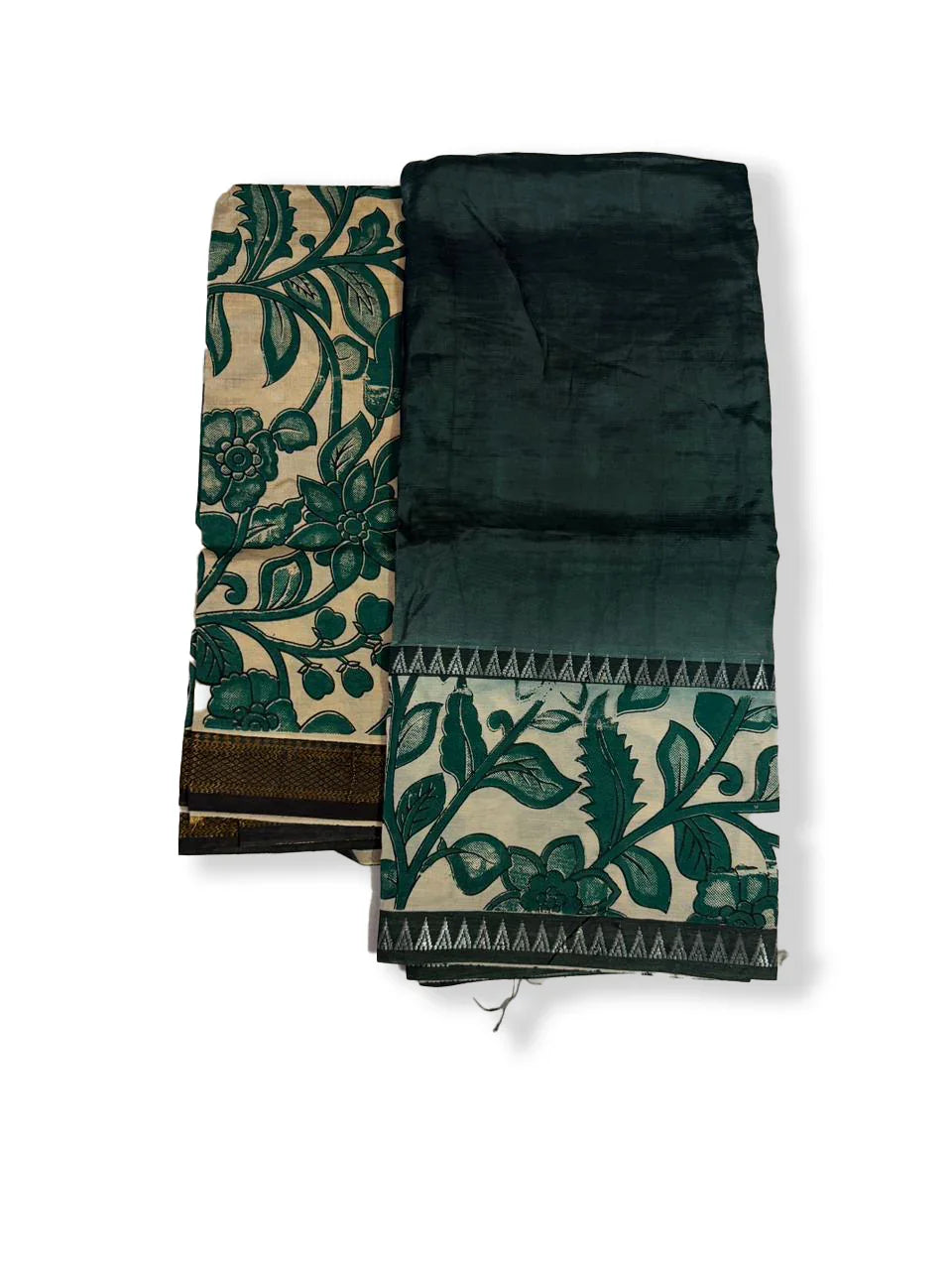 Premium Mangalagiri Semi Pattu 2PC Dress Material in Deep Bottle Green with Floral Print | Elegant Traditional Wear Fabric Set