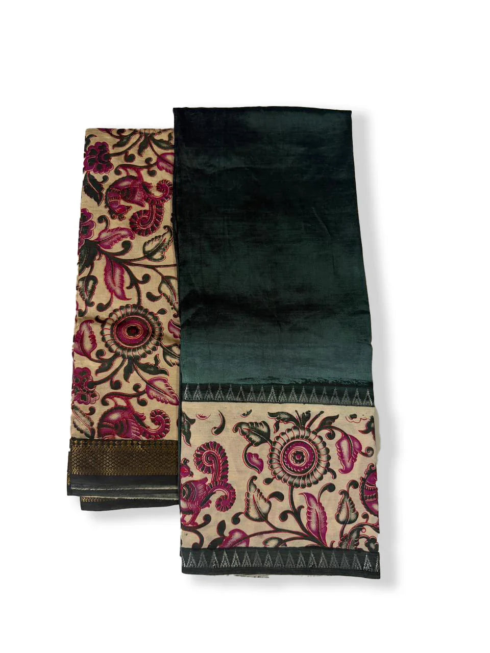 Premium Mangalagiri Semi Pattu 2PC Dress Material in Deep Bottle Green with Magenta Kalamkari Print | Elegant Ethnic Wear Fabric Set