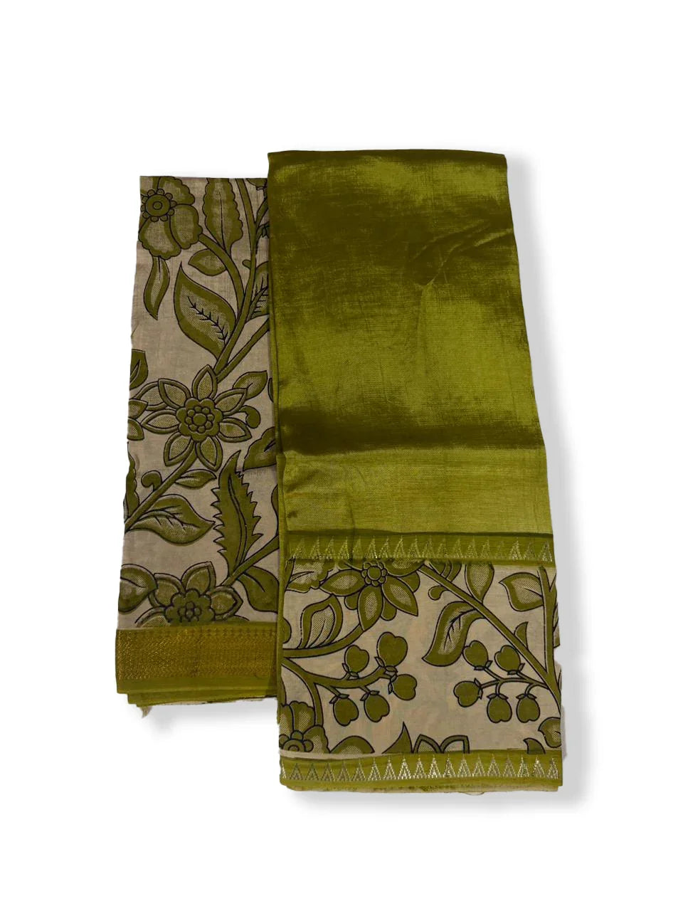 Premium Mangalagiri Semi Pattu 2PC Dress Material in Olive Green with Traditional Floral Print | Elegant Ethnic Wear Fabric Set