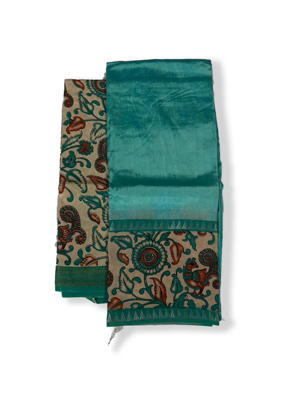 Premium Mangalagiri Semi Pattu 2PC Dress Material in Aqua Blue with Traditional Kalamkari Print | Elegant Ethnic Wear Fabric Set