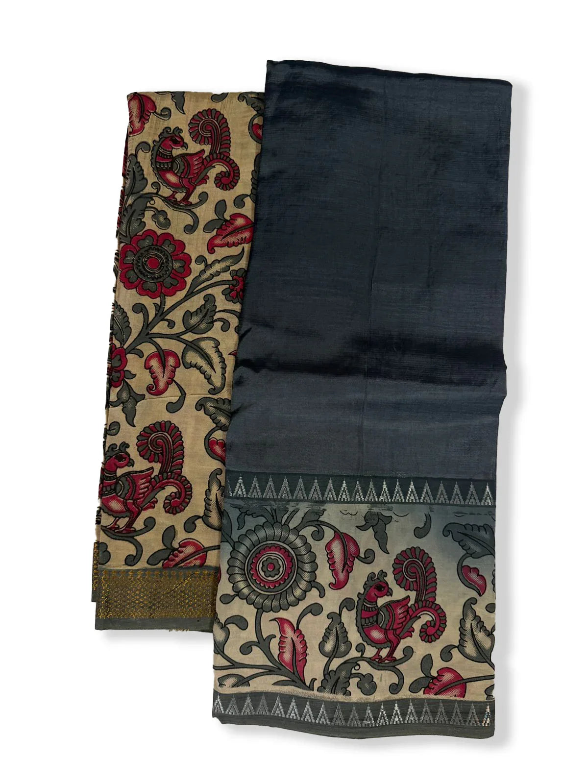 Premium Mangalagiri Semi Pattu 2PC Dress Material in Slate Grey with Traditional Kalamkari Print | Elegant Ethnic Wear Fabric Set