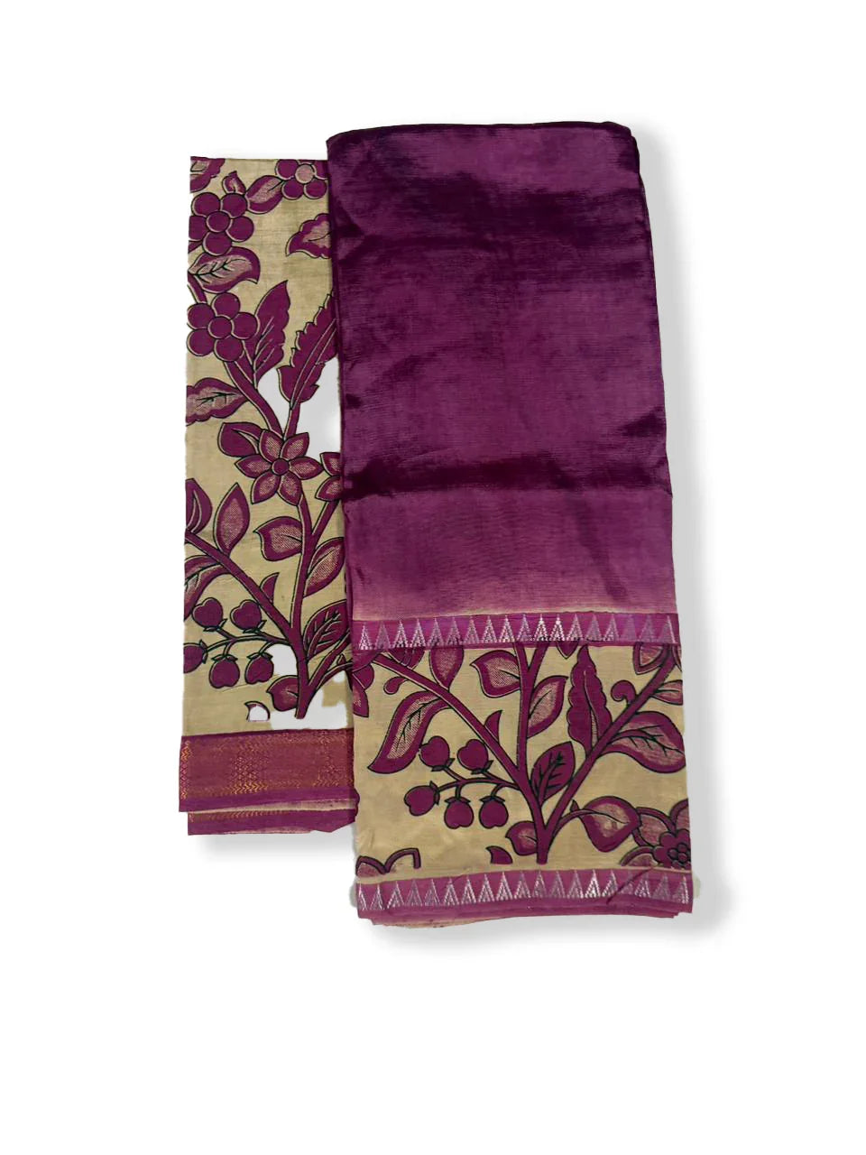 Premium Mangalagiri Semi Pattu 2PC Dress Material in Wine Purple with Traditional Floral Print | Elegant Ethnic Wear Fabric Set