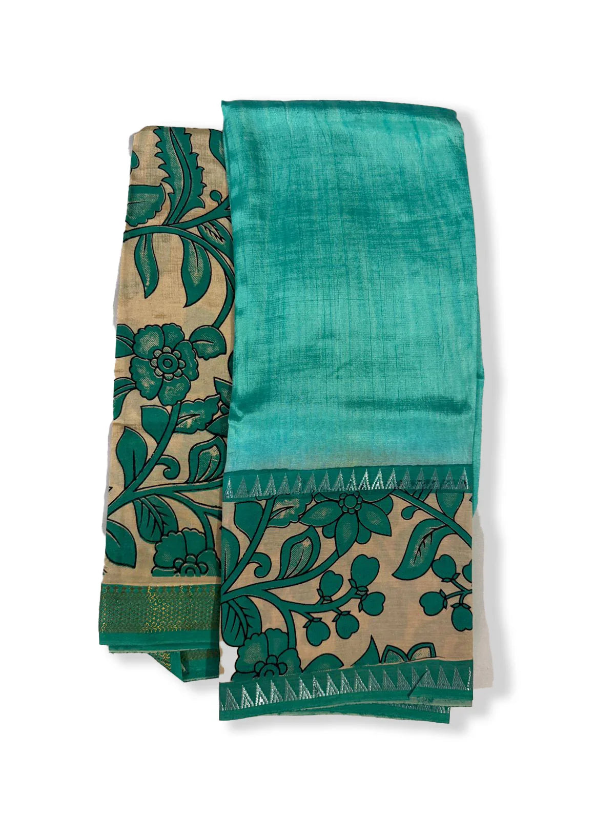 Premium Mangalagiri Semi Pattu 2PC Dress Material in Aqua Blue with Traditional Floral Print | Elegant Ethnic Wear Fabric Set