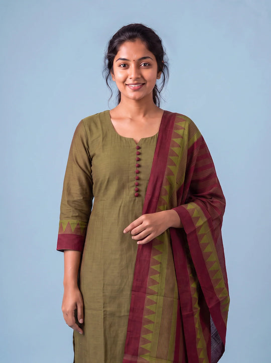 Mangalagiri Cotton 3PC Set with Full-Length Lining & Elastic Pocket Bottom – Brown & Red Double Weave