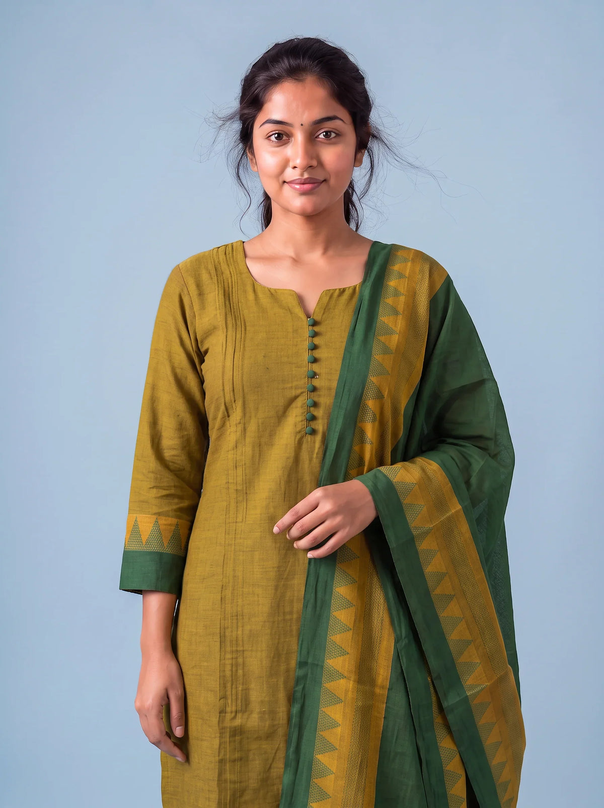 Mangalagiri Cotton 3PC Set with Full-Length Lining & Elastic Pocket Bottom – Green & Yellow Double Weave