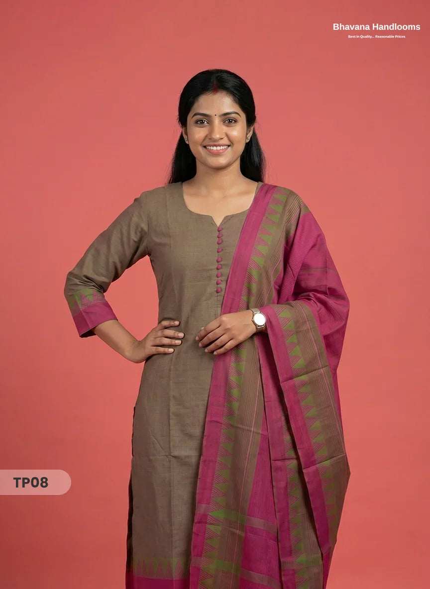 Mangalagiri Cotton 3PC Set with Full-Length Lining & Elastic Pocket Bottom – Green & Pink Double Weave