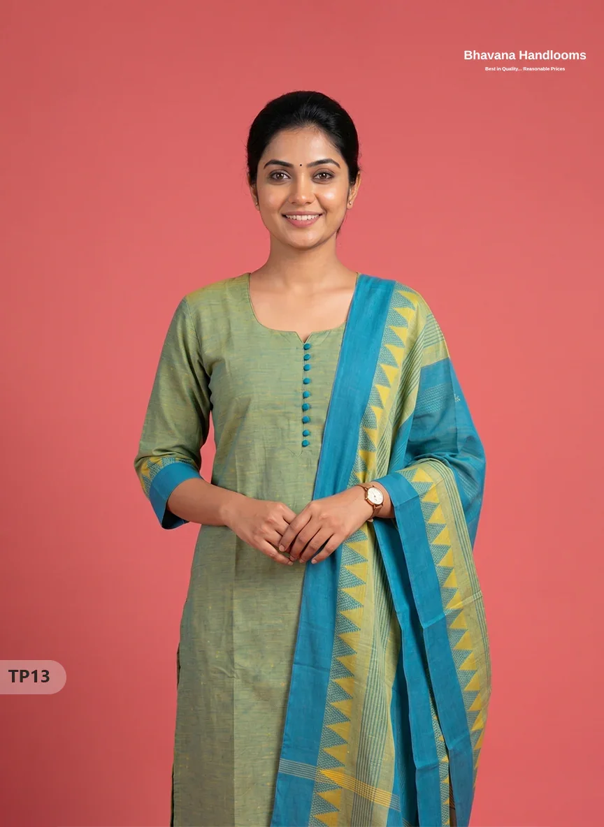 Mangalagiri Cotton 3PC Set with Full-Length Lining & Elastic Pocket Bottom – Sky Blue & Yellow Double Weave