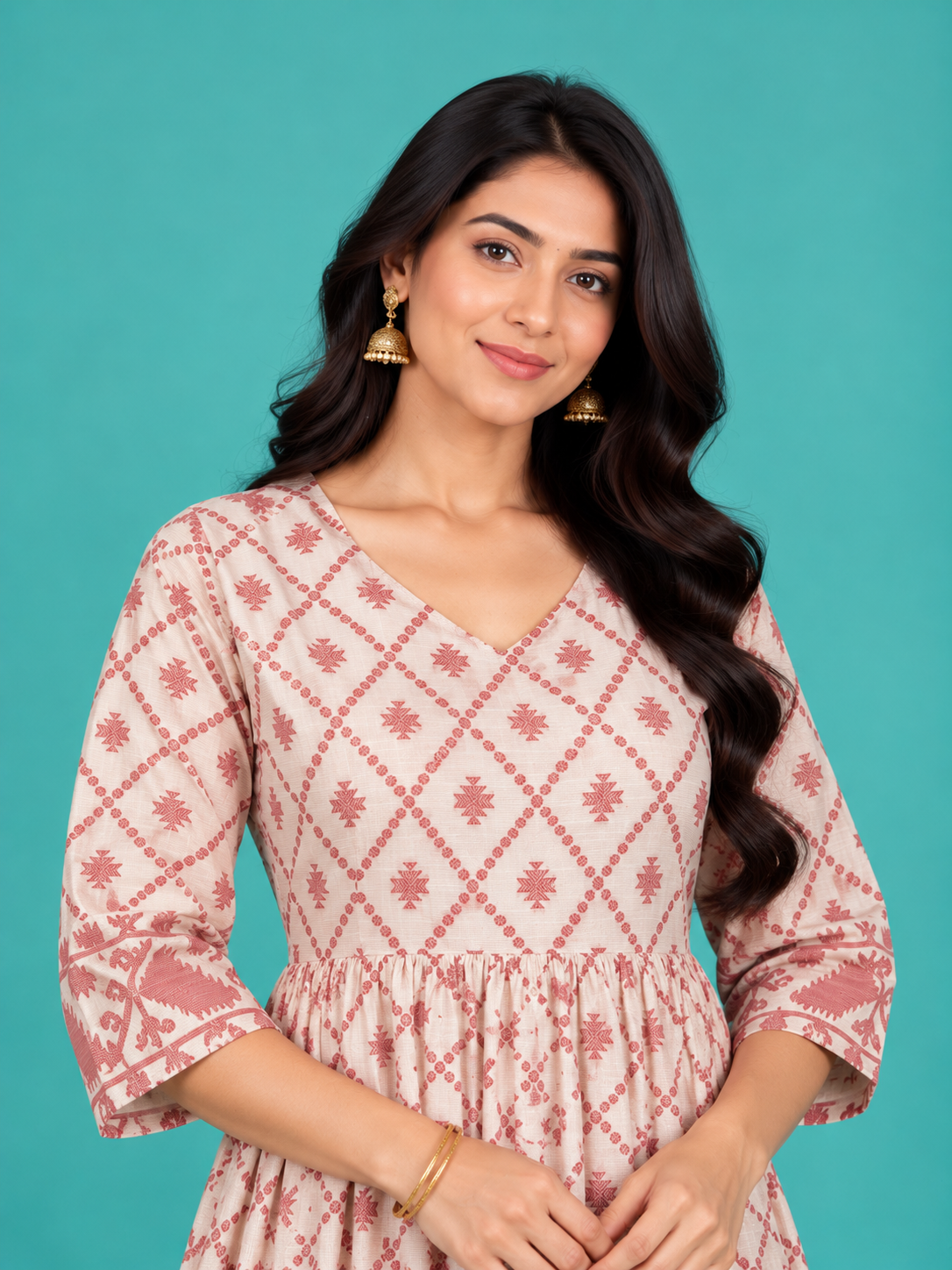 Light Pink Diamond Motif Handloom Cotton Frock with Half Lining | Ready to Wear