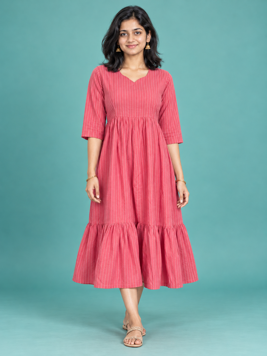 Pink Pinstripe Handloom Cotton Frock with Half Lining | Ready to Wear