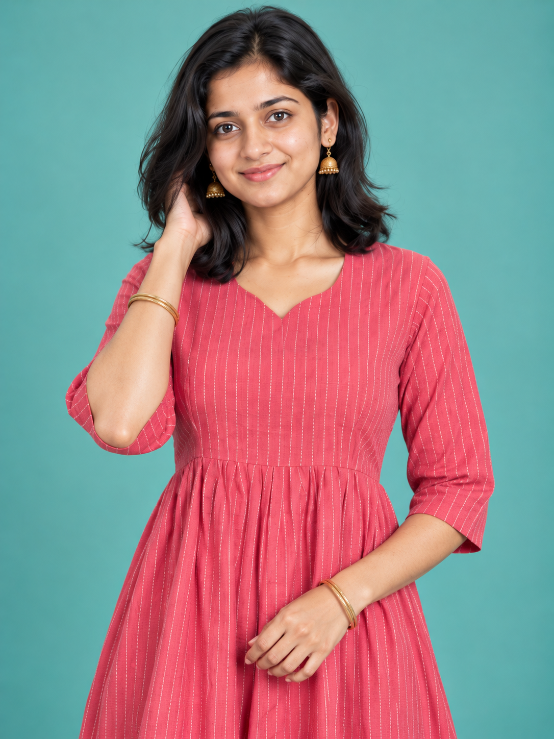 Pink Pinstripe Handloom Cotton Frock with Half Lining | Ready to Wear
