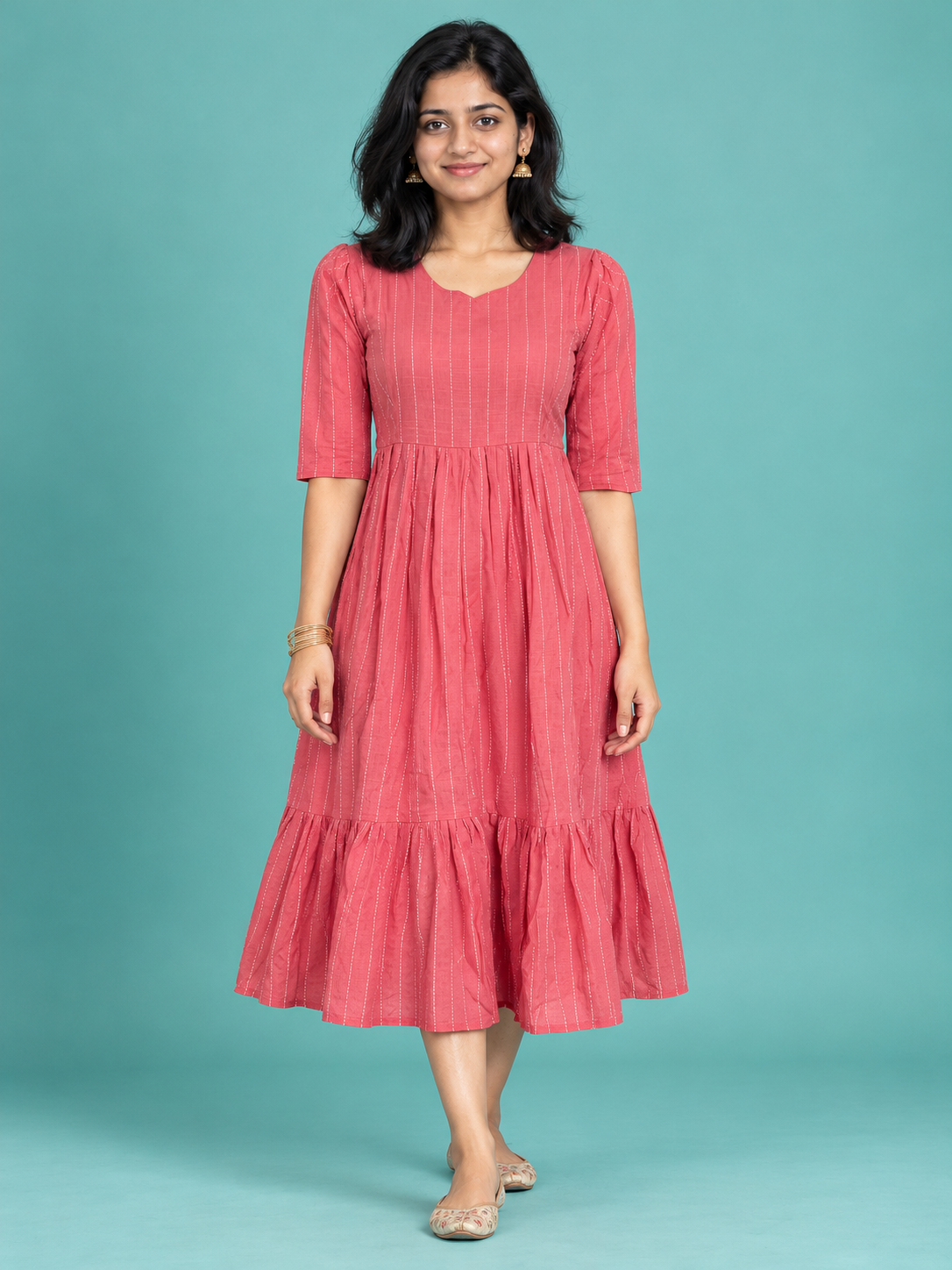 Coral Red Pinstripe Handloom Cotton Frock with Half Lining | Ready to Wear